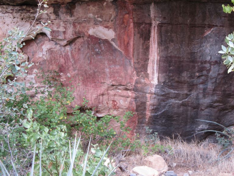 red curvy petroglyph on a red canyon wall that looks like two intertwined snakes