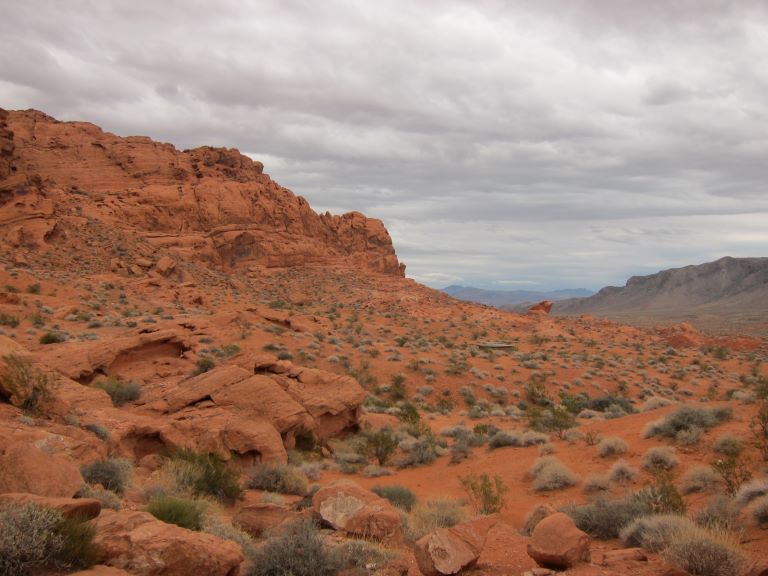 a red rock hillside and valley with lots of low-lying green desert shrubs